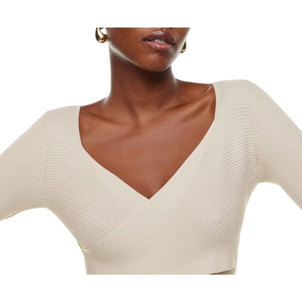 Ten by Babaton | Ribbed Knit Wrap Front Crop Top Sweater Cream Beige | Medium